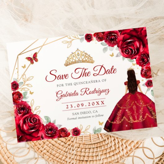 Quinceanera Princess Red Roses Gold Save The Date