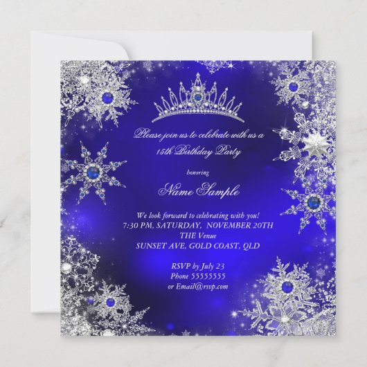 Quinceanera Princess Royal Blue Snowflake Tiara Kaart (Achterkant)