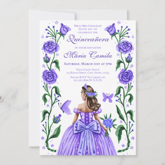 Quinceanera Princess Rozen Vlinder Lila Paarse Kaart (Voorkant)