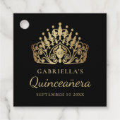 Quinceanera Princess Tiara Crown Zwart Goud Bedankjes Labels (Voorkant)