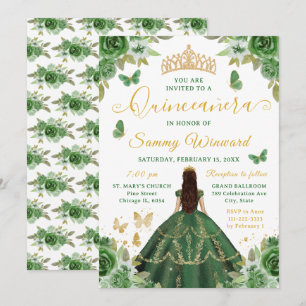 Quinceañera Prinses Donkergroen Bloemmotief Gouden Kaart