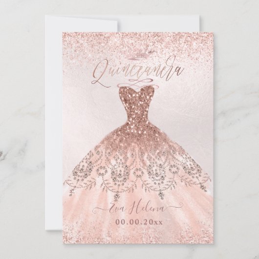 Quinceañera, Prinses Faux Roos Goud Tiara + Gown Kaart (Voorkant)
