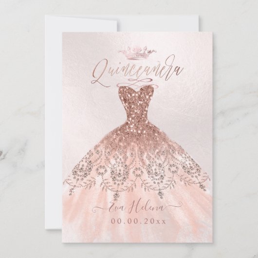 Quinceañera, Prinses Faux Roos Goud Tiara + Gown Kaart (Voorkant)