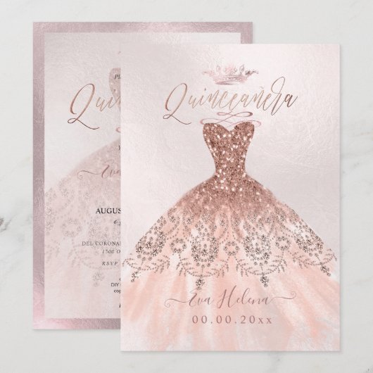 Quinceañera, Prinses Faux Roos Goud Tiara + Gown Kaart (Voorkant / Achterkant)