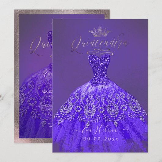 Quinceañera, Prinses Glitter Paarse Violet Gown Kaart (Voorkant / Achterkant)