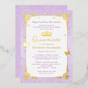 Quinceañera Prinses Lilac Paarse Bloemen Folie Uitnodiging