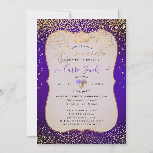 Quinceanera Prinses Nep Goud Confetti Violet Kaart (Achterkant)