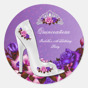 Quinceanera  Prinses Paarse Roze Rozen 3R Ronde Sticker