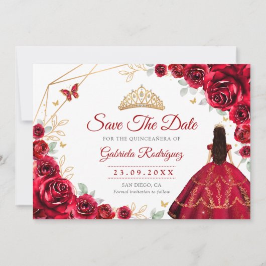 Quinceanera Prinses Rode Rozen Goud Save The Date (Voorkant)
