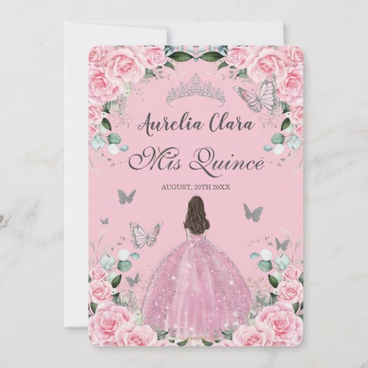Quinceañera Prinses Roze Bloemen  Zilver Kaart (Achterkant)