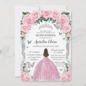 Quinceañera Prinses Roze Bloemen  Zilver Kaart (Voorkant)