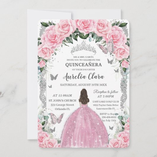 Quinceañera Prinses Roze Bloemen  Zilver Kaart (Voorkant)