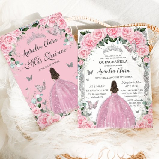 Quinceañera Prinses Roze Bloemen  Zilver Kaart