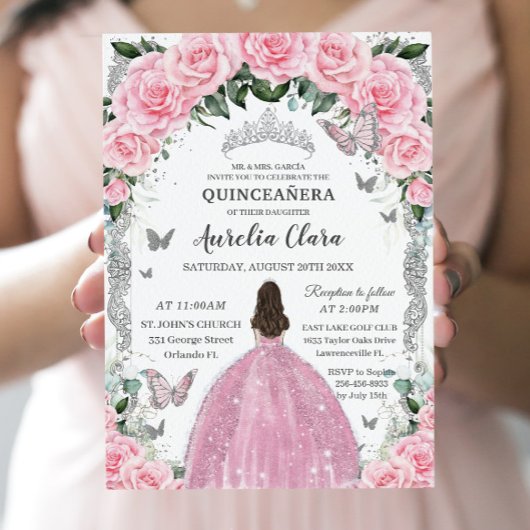 Quinceañera Prinses Roze Bloemen  Zilver Kaart