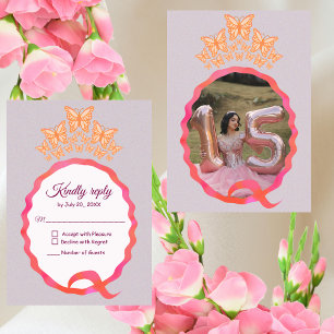 Quinceañera Prinses Vlinder Kroon Squiggle RSVP Kaartje