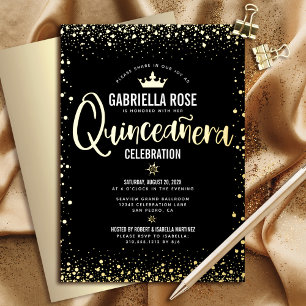 Quinceañera Prinsessen Kroon Script Zwart Echt Gou Folie Uitnodiging