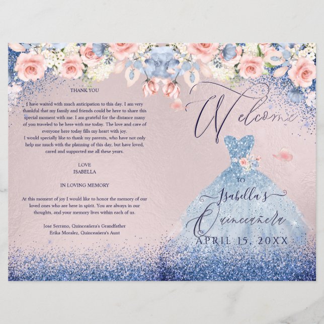 Quinceanera Programme Blush Floral Navy Glitter Go (Voorkant)