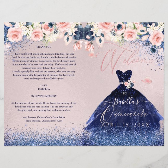Quinceanera Programme Blush Floral Navy Glitter Go (Voorkant)