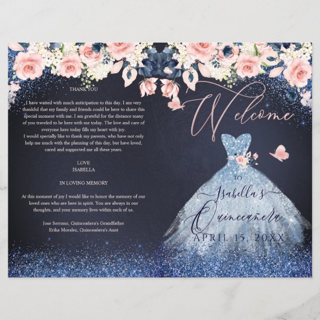Quinceanera Programme Blush Floral Navy Glitter Go (Voorkant)