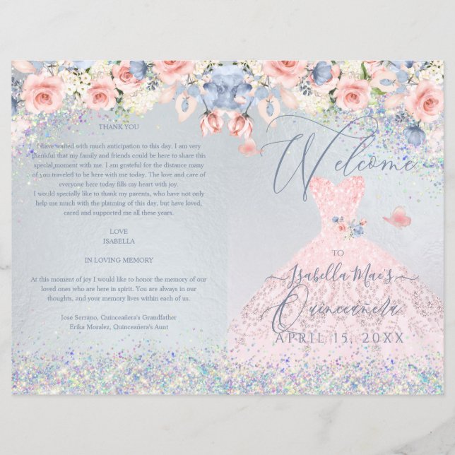Quinceanera Programme Blush Pink Floral Glitter Go (Voorkant)