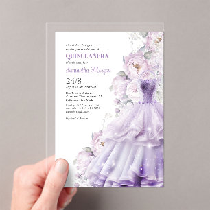 Quinceanera Purple Flowers formele bal jurk Acryl Uitnodigingen