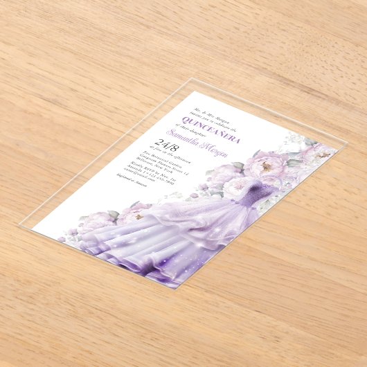 Quinceanera Purple Flowers formele bal jurk Acryl Uitnodigingen (Laagn)
