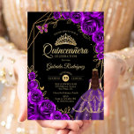 Quinceanera Purple Gold Butterfly Dress Floral Kaart<br><div class="desc">Purple black and gold Quinceanera celebration invitation. Features brunette girl in ball gown dress. script font,  gold butterflies,  watercolor roses and tiara. Perfect for an elegant princess style glam celebration. Personalize with your own details. Printed Zazzle invitations or instant download digital printable template.</div>
