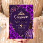 Quinceanera Purple Gold Dress Floral Kaart<br><div class="desc">Purple and gold Quinceanera celebration invitation. Features brunette girl in ball gown dress,  script font,  gold butterflies,  watercolor roses and tiara. Perfect for an elegant princess style glam celebration. Personalize with your own details. Printed Zazzle invitations or instant download digital printable template.</div>