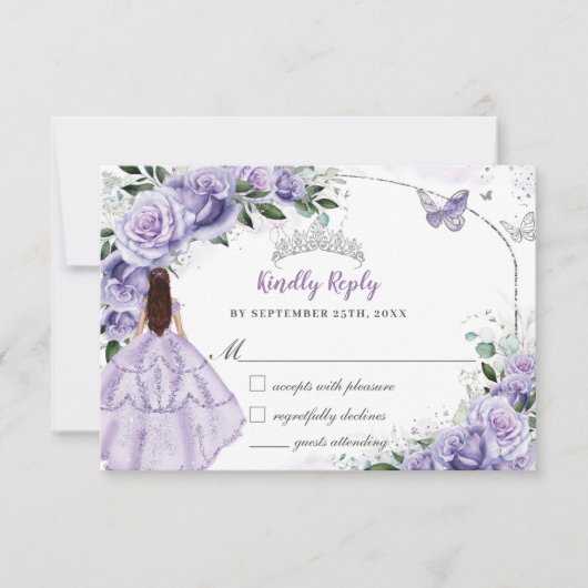 Quinceanera Purple Lavender Lilac Floral Princess RSVP Kaartje (Voorkant)