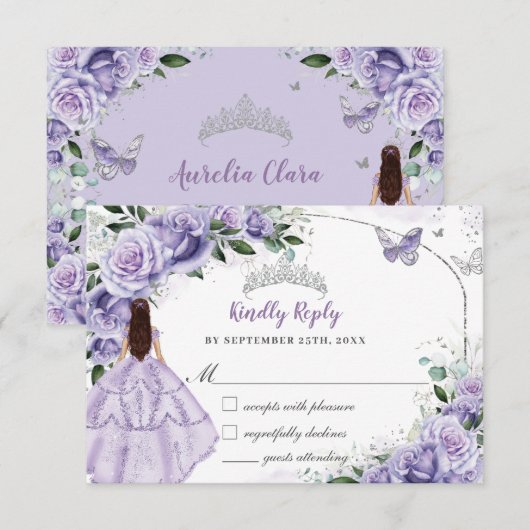Quinceanera Purple Lavender Lilac Floral Princess RSVP Kaartje (Voorkant / Achterkant)