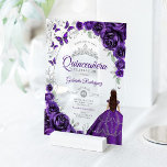 Quinceanera Purple Silver Floral Acryl Uitnodigingen<br><div class="desc">Purple silver and white Quinceanera celebration invitation. Features brunette girl in ball gown dress,  script font,  silver butterflies,  watercolor roses and tiara. Perfect for an elegant princess style glam celebration. Personalize with your own details. Stylish transparent or frosted acrylic invitations.</div>