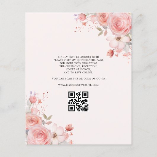 Quinceañera QR Code Blush Roze Roos Bloemen Flyer (Achterkant)
