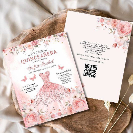 Quinceañera QR Code Blush Roze Roos Bloemen Flyer