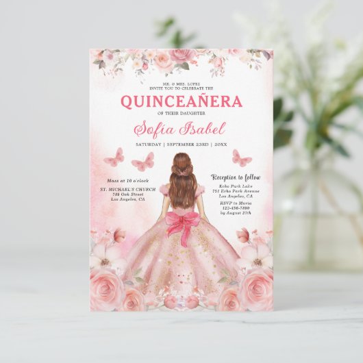 Quinceañera QR Code Blush Roze Roos Bloemen Kaart (Staand voorkant)