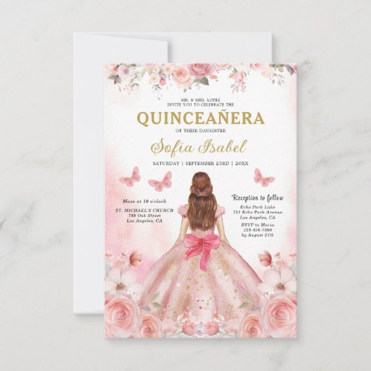 Quinceañera QR Code Blush Roze Roos Bloemen Kaart (Voorkant)