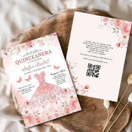 Quinceañera QR Code Blush Roze Roos Bloemen Kaart