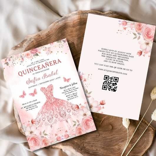 Quinceañera QR Code Blush Roze Roos Bloemen Kaart