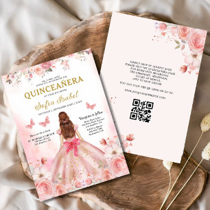 Quinceañera QR Code Blush Roze Roos Bloemen Kaart