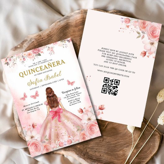 Quinceañera QR Code Blush Roze Roos Bloemen Kaart