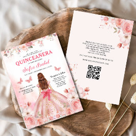 Quinceañera QR Code Blush Roze Roos Bloemen Kaart