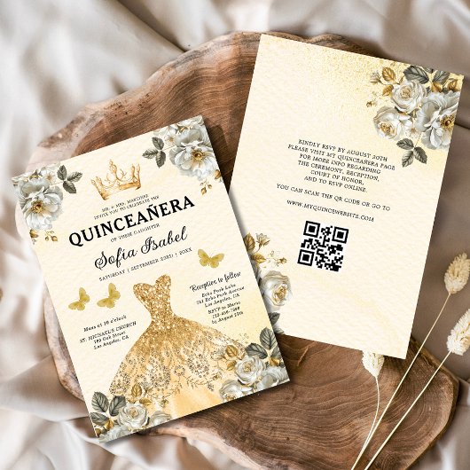 Quinceanera QR Code Floral Gold Princess Kaart
