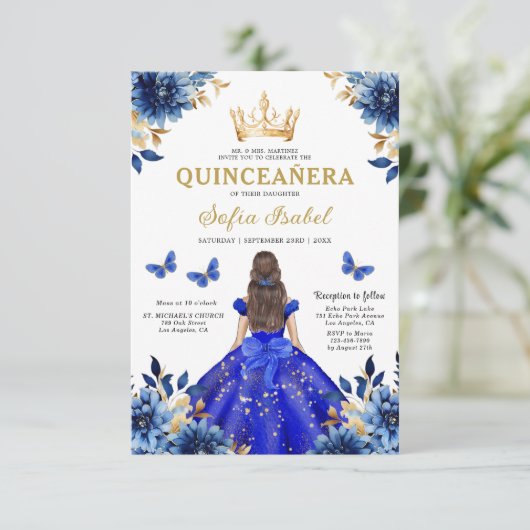 Quinceanera QR Code Royal Blue Butterfly Princess Kaart (Staand voorkant)