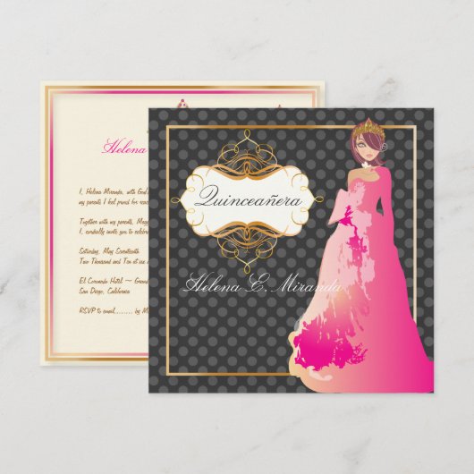 Quinceañera/Quince años princess/polka dots Kaart (Voorkant / Achterkant)