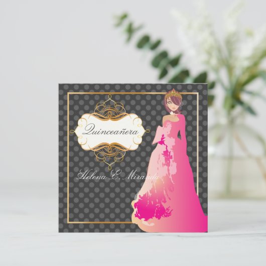 Quinceañera/Quince años princess/polka dots Kaart (Staand voorkant)