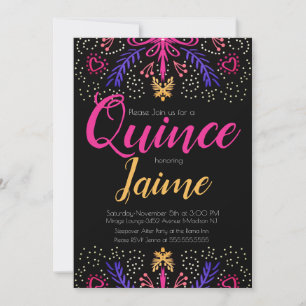 Quinceanera Quince Feest Gestippelde Bloem Roze Zw Kaart