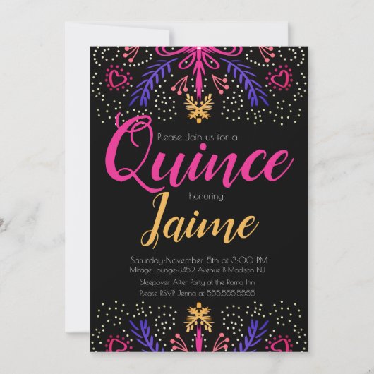 Quinceanera Quince Fun Dotted Floral Pink Black Kaart (Voorkant)