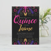 Quinceanera Quince Fun Dotted Floral Pink Black Kaart (Staand voorkant)