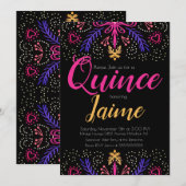 Quinceanera Quince Fun Dotted Floral Pink Black Kaart (Voorkant / Achterkant)