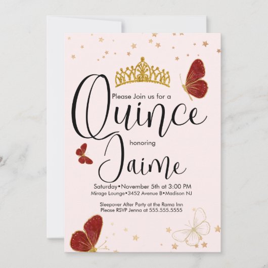 Quinceanera Quince Waterverf Butterflies Pink Red Kaart (Voorkant)