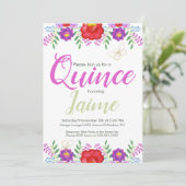 Quinceanera Quince Waterverf Floral Pink White Kaart (Staand voorkant)